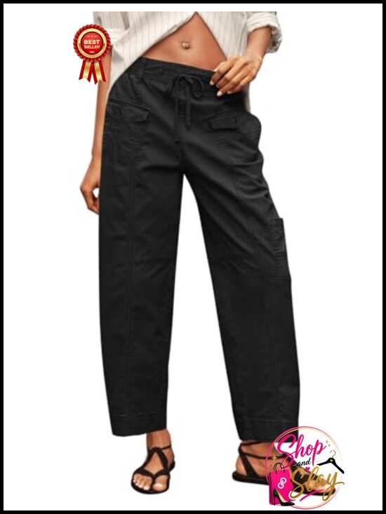 Pants - 100% Cotton Cargo Pants Drawstring Elastic Waist Wide Leg Hiking
